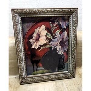 Small Lithograph Print Flowers In Vase Painted Basket & Deer Reverse Silhouette